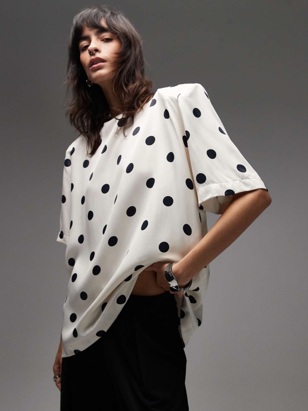 ASOS satin shoulder pads t-shirt in cream polka dots